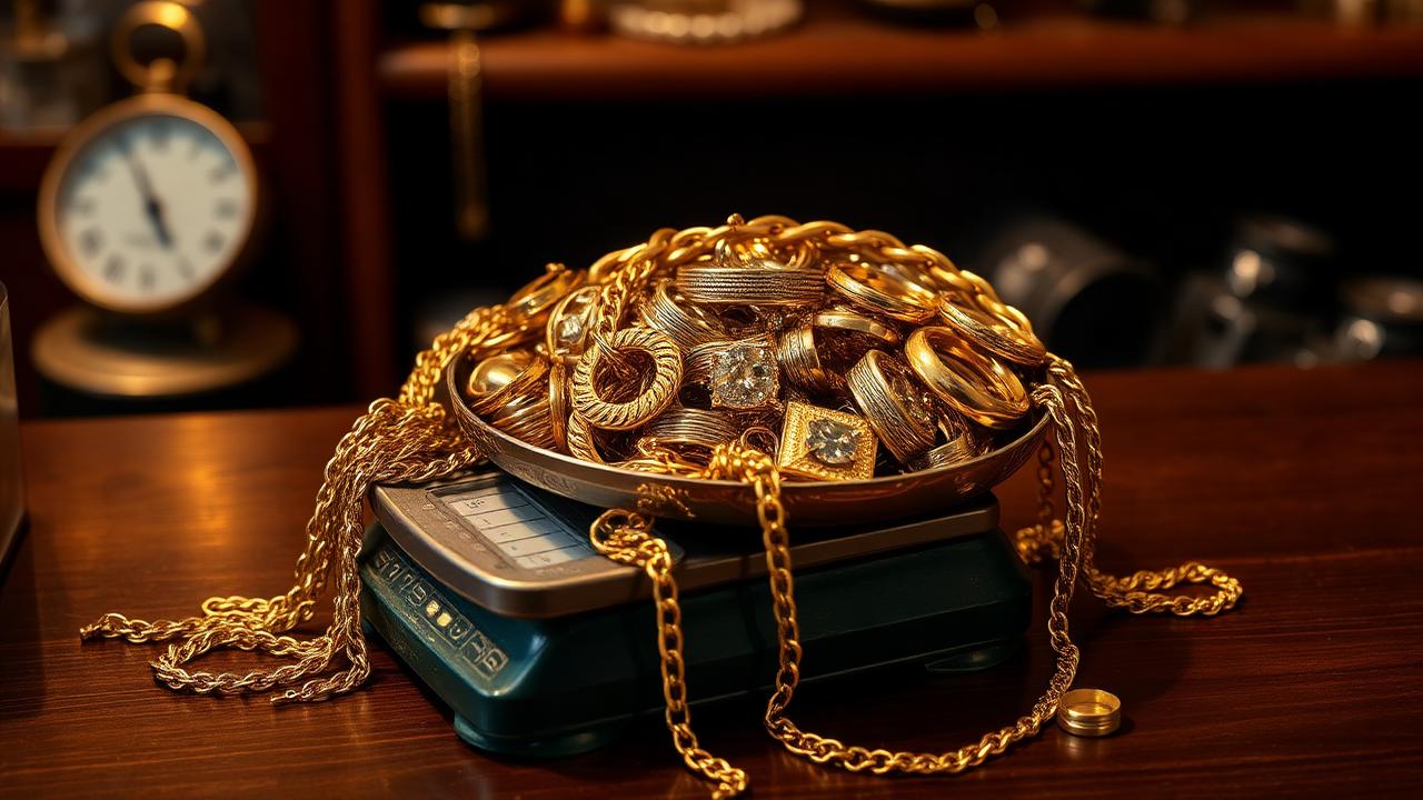 Old and broken gold jewellery on a weighing scale at a gold buyer counter in Sri Lanka