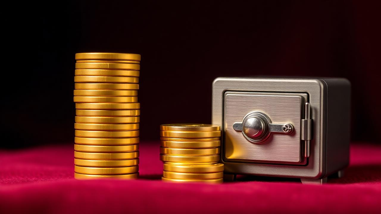 Gold coins beside a steel safe representing gold versus fixed deposits